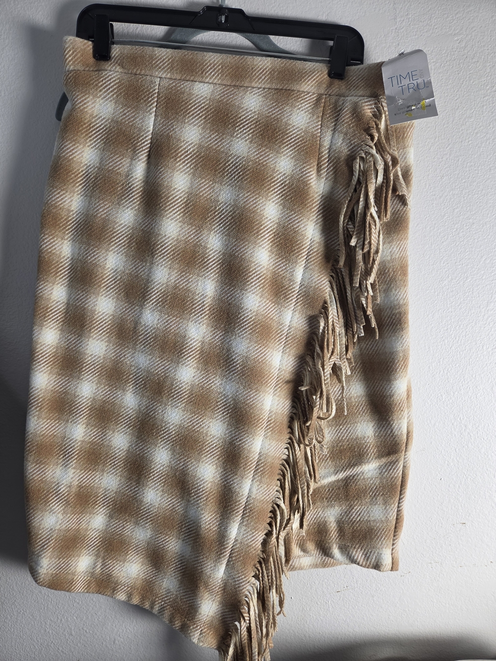 Time and Tru Tan and Cream Plaid Asymmetrical Fringe Wrap Skirt